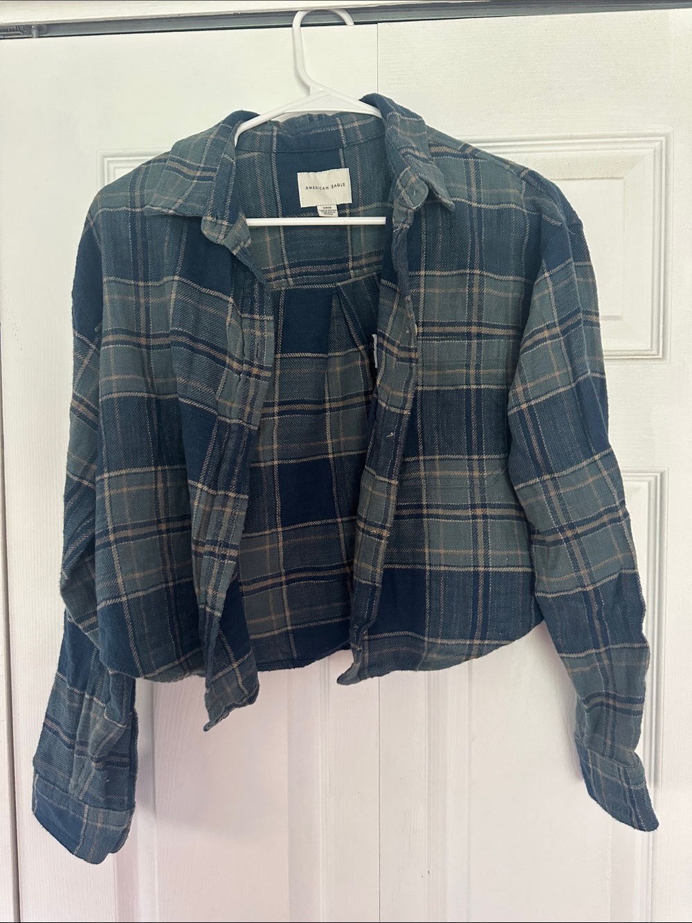American Eagle Outfitters Blue and Green Plaid Cropped Button Down